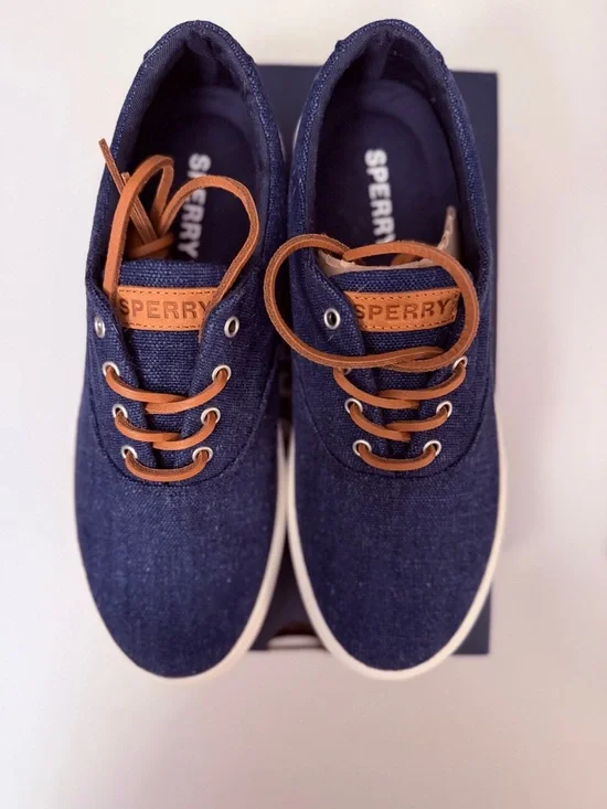 Men’s Sperry Navy Canvas Boat Shoes with Tan Accents Size 9 - Picture 2 of 5